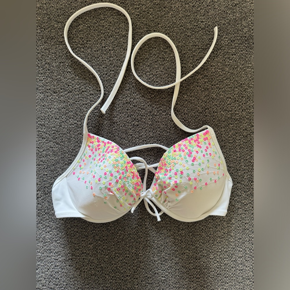 Victoria’s Secret White Sequence Swim Top Size 34B